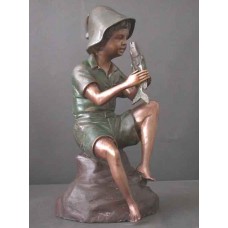 Bronze Fountain Boy w/ Fish Garden Art & Pump   231640809452
